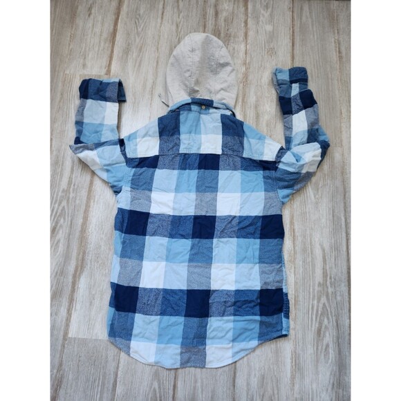 American Eagle Super Soft Flannel Removable Hood Blue Plaid Drawstring Warm Sz L - Picture 7 of 8